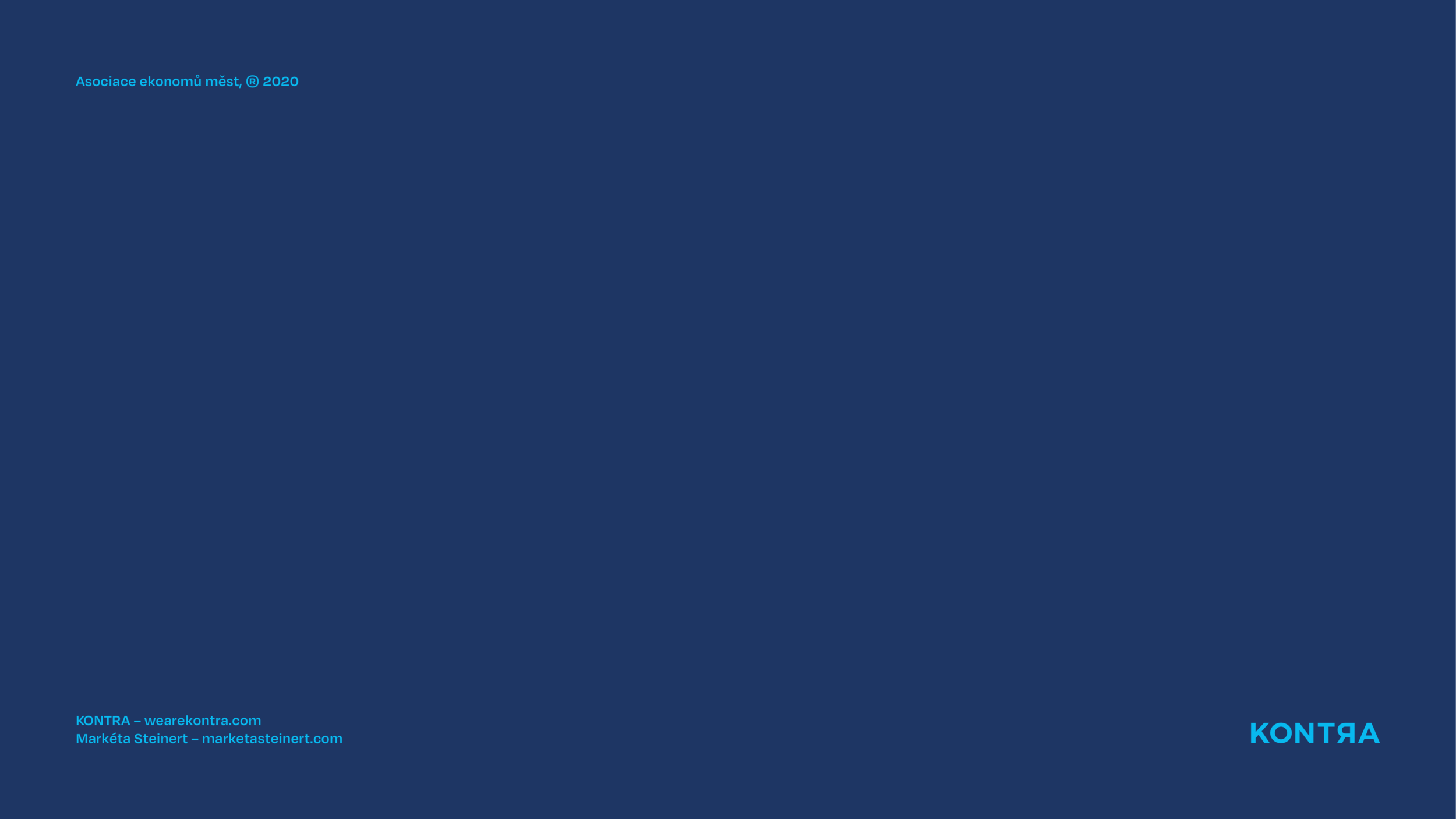 A dark blue background with light blue text in the corners. The top left says 'Asociace ekonomů měst, © 2020'. The bottom left includes 'KONTRA – wearekontra.com' and 'Markéta Steinert – marketasteinert.com'. The bottom right has the word 'KONTRA' in