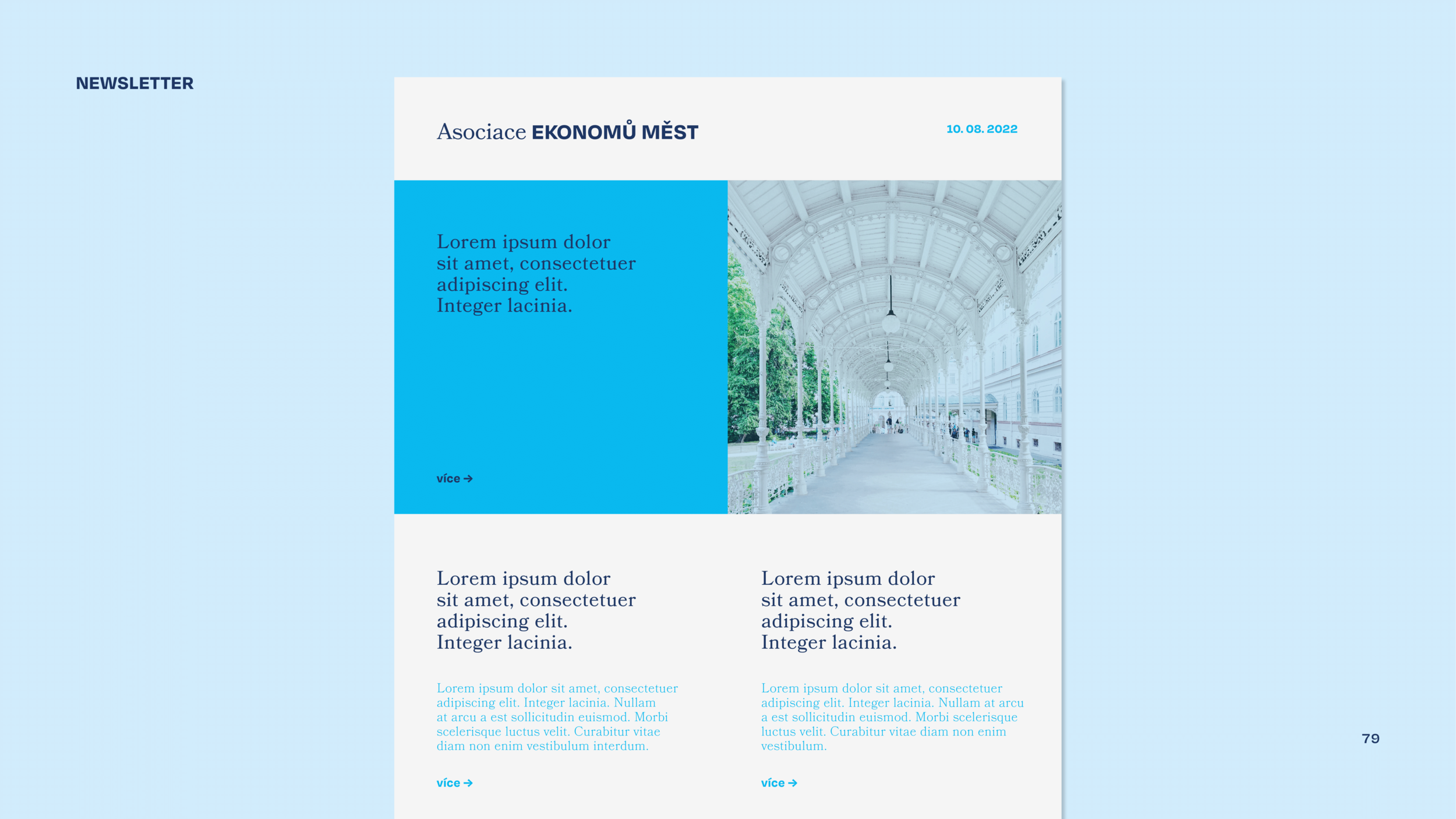Newsletter layout with a white and blue color scheme, featuring a large image of an indoor walkway with arching ceiling and greenery on the side, the text 'Asociace EKONOMŮ MĚST' at the top, and sections of placeholder text 'Lorem ipsum' with arrows