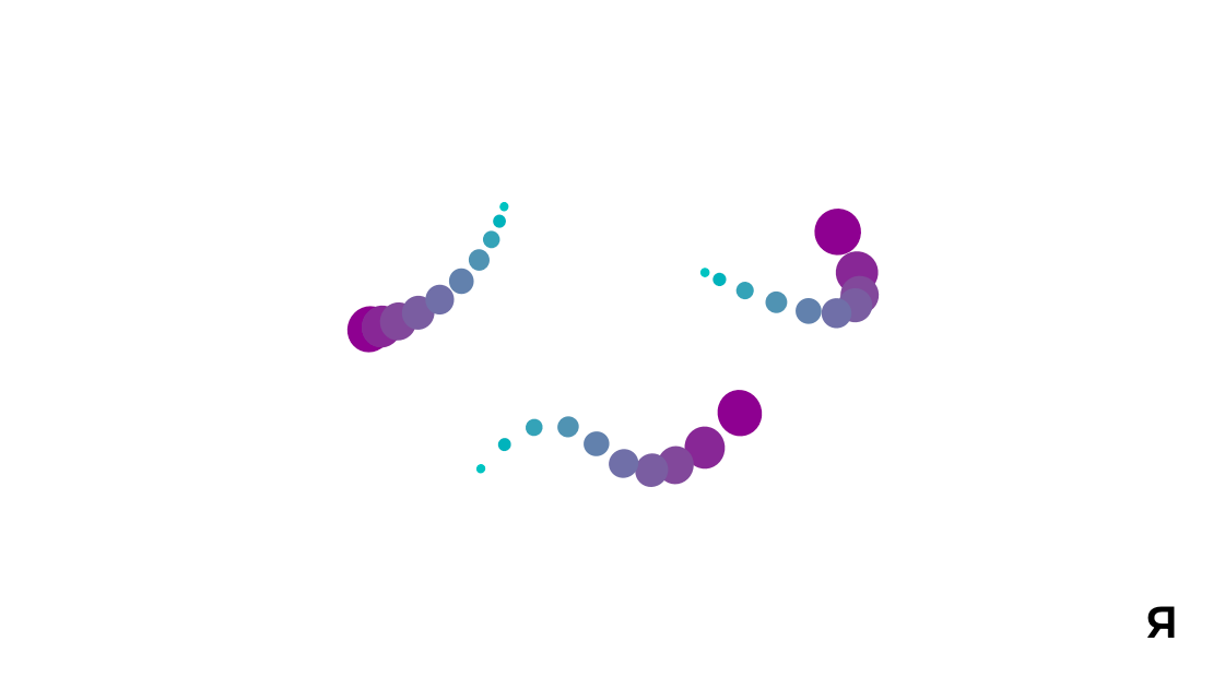 Three curved lines made of purple and blue spheres on a white background.