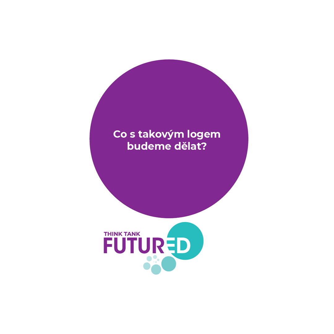 Purple circle with white text in Czech asking "What are we going to do with such a logo?" and the logo for FUTURE at the bottom with the words "THINK TANK" above it.