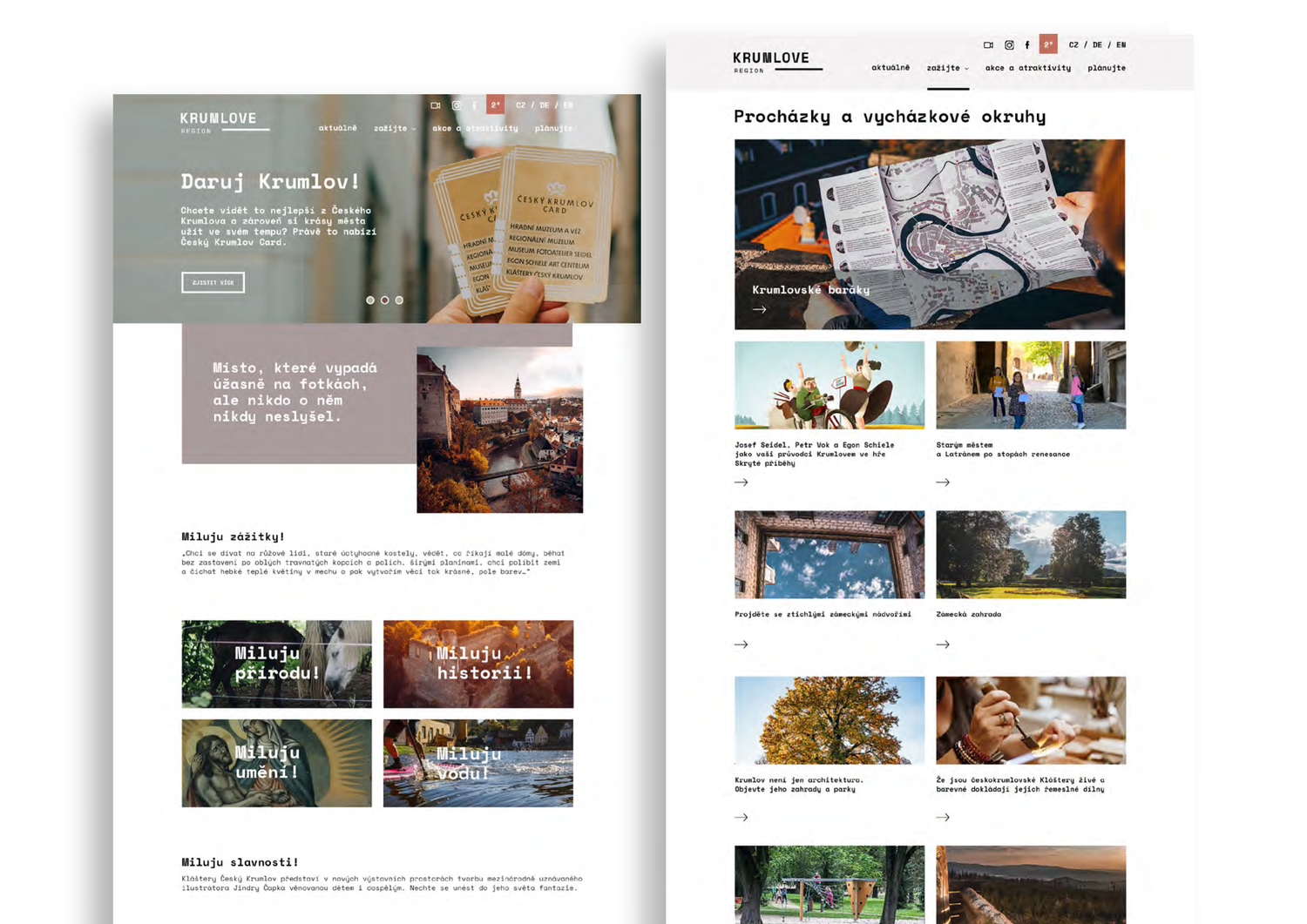 Two web pages from a travel website about Krumlov. The left page features a card giveaway, a scenic view, and sections on nature, history, art, water, and festivals. The right page displays a map brochure, illustrations of tour guides, historic sites