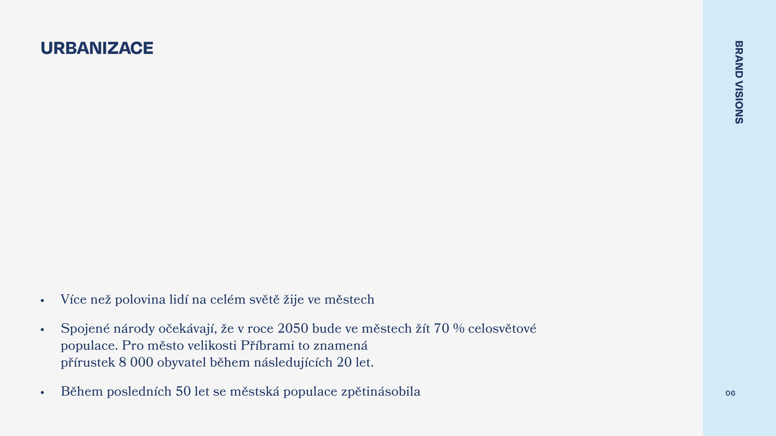 Page from a presentation slide titled "Urbanizace" with text in Czech discussing urban population growth, including statistics about city living and future projections.