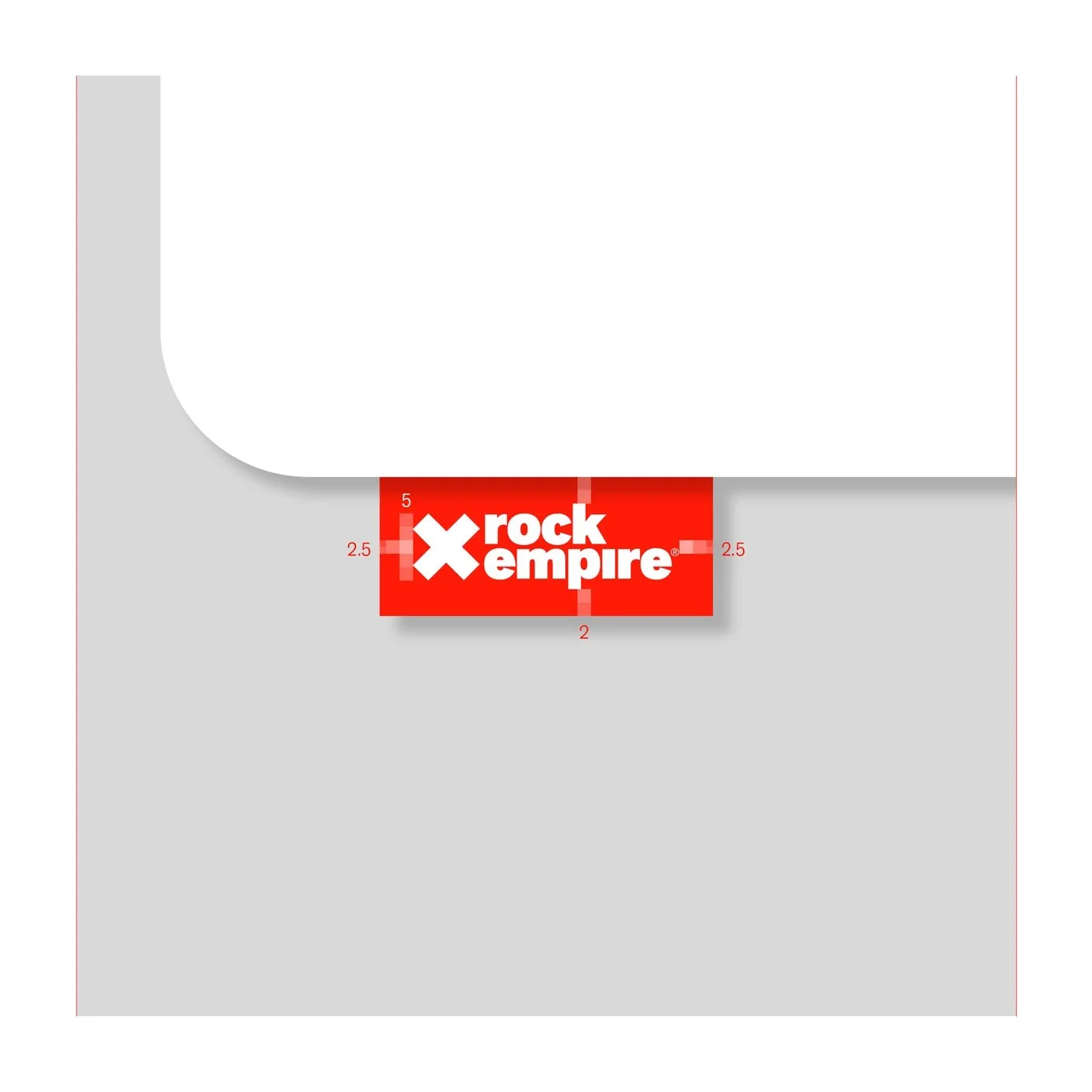Close-up of a corner of a gray cardboard box showing a red label with the white text 'rock empire' and a white cross, with measurements indicating the size of the label.