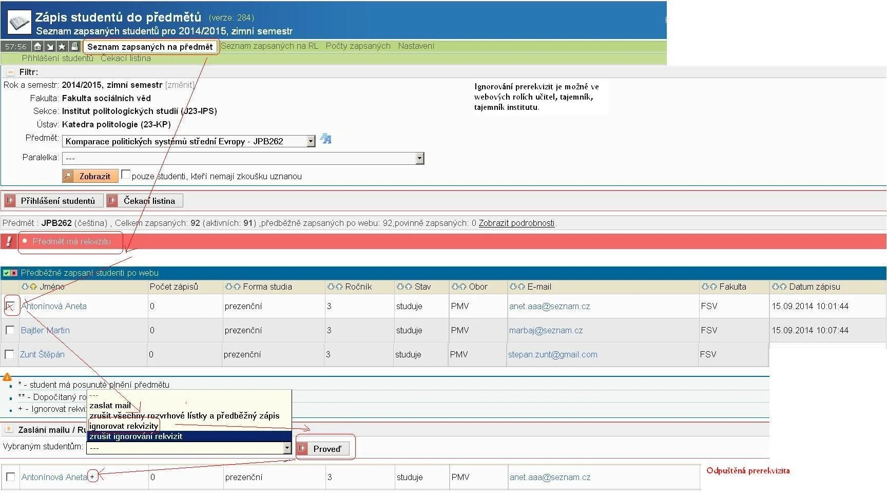 University student registration webpage displaying student list, registration status, and options to manage records.