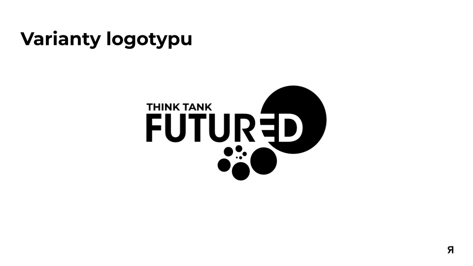 Black and white graphic with the words 'Varianty logotypu,' 'THINK TANK,' and 'FUTURED' along with several black circles of various sizes arranged in a design.