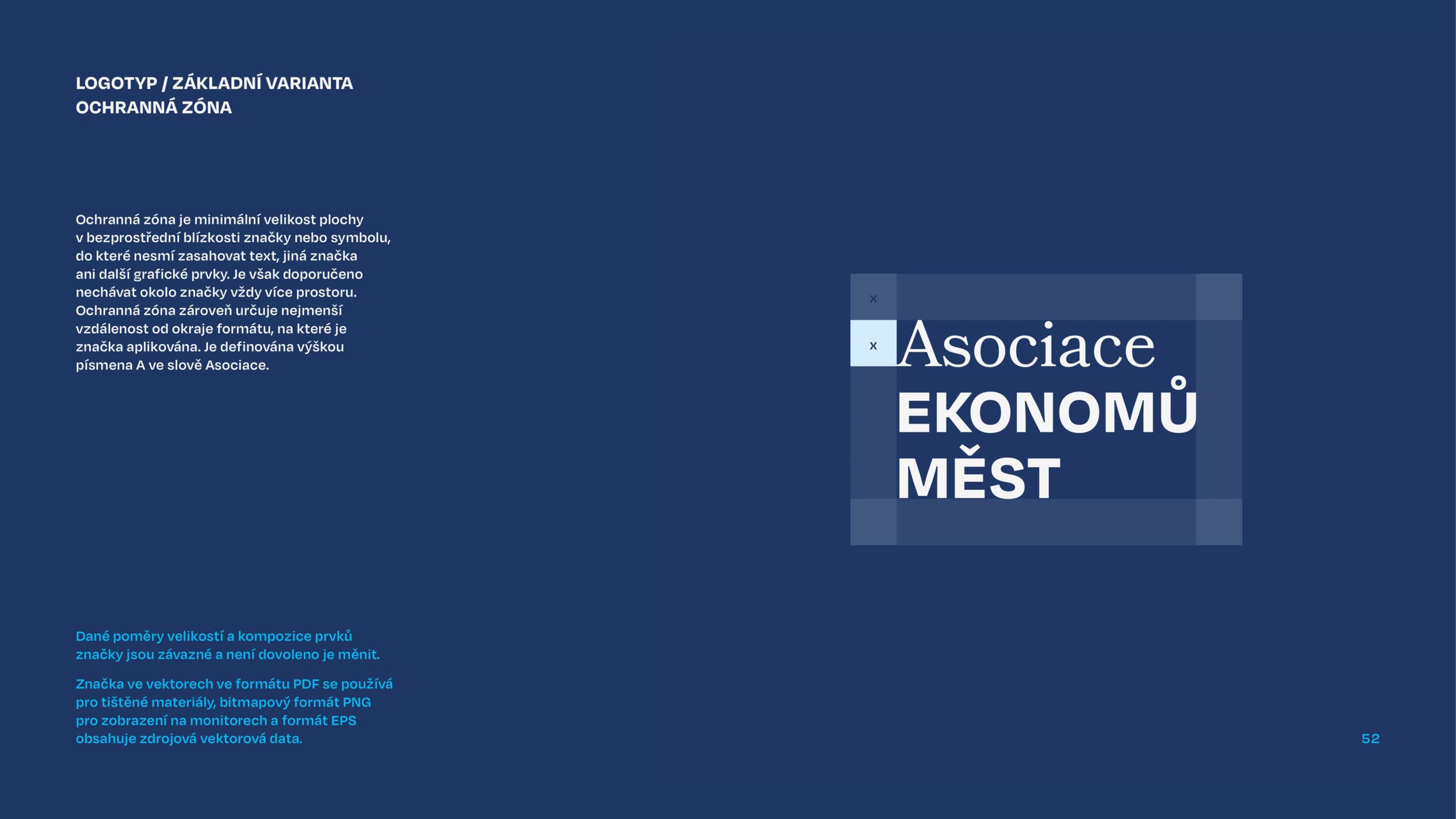 Title slide of a presentation about the association of city economists, with text explaining the minimum size of a logo or symbol's safety zone, and guidelines for vector format branding materials