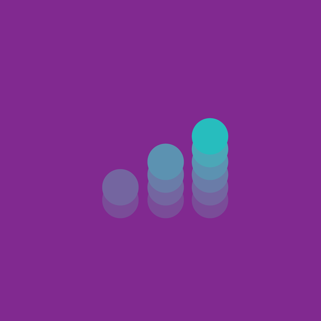 An abstract graphic with three vertically stacked circles increasing in height from left to right, in shades of blue on a purple background.