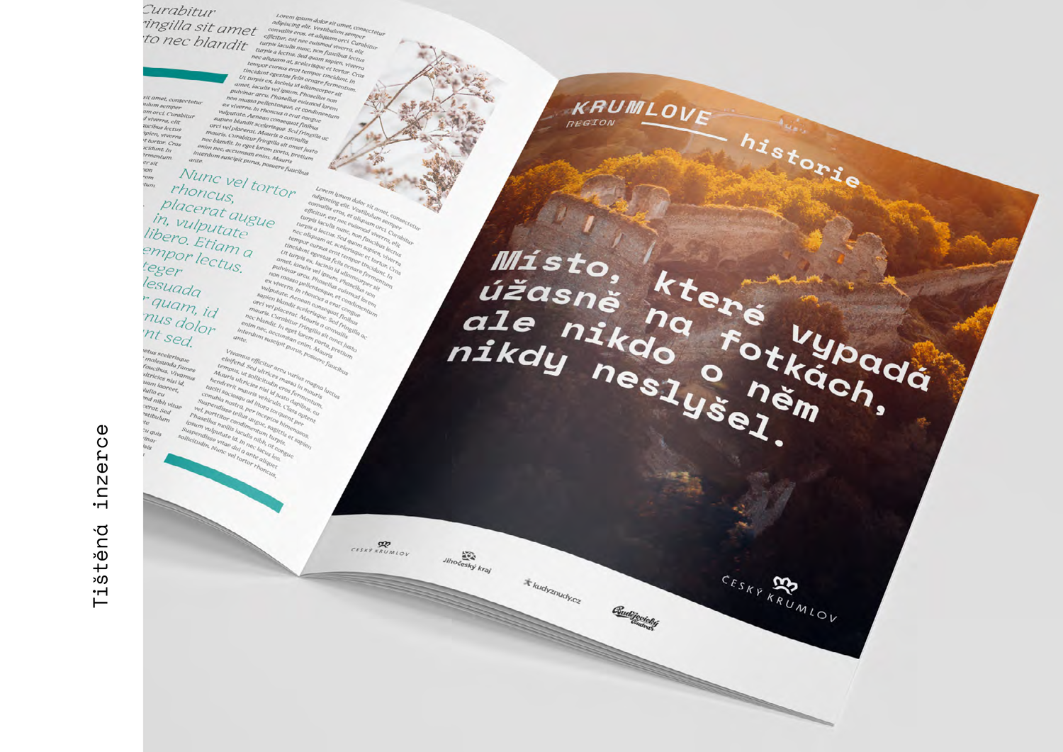 Open magazine with a scenic photograph of a castle ruins on a hillside covered with orange and green foliage. Overlaid text in Czech quotes about the beauty of ruins.