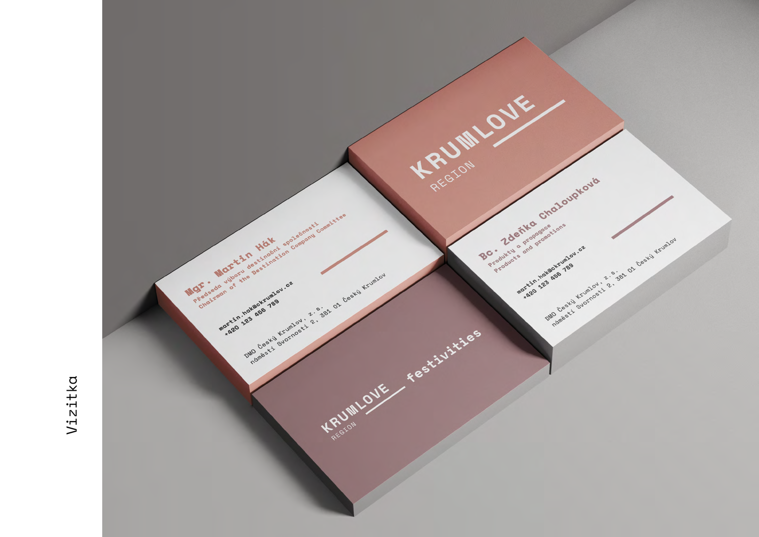 Business cards for 'Krum Love' festival and region on tan, pink, and white cards arranged on gray background.