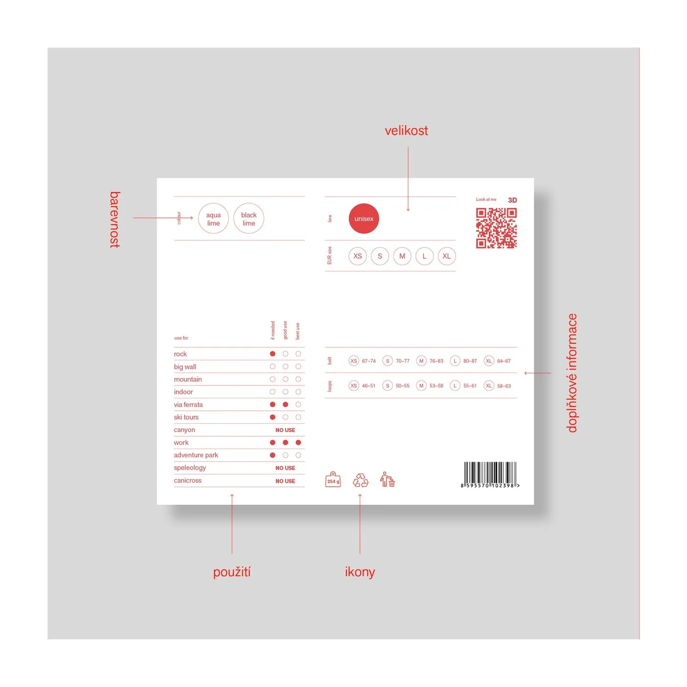 Product label with information about a unisex clothing item, including color options (aqua lime, black lime), size chart, usage suggestions, icons, and barcode.
