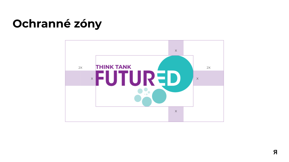 Slide with the title 'Ochranné zóny' in the top left corner and a central logo with the words 'FUTURE' and 'ED' in purple and teal, surrounded by purple crosshatch and dotted circles.