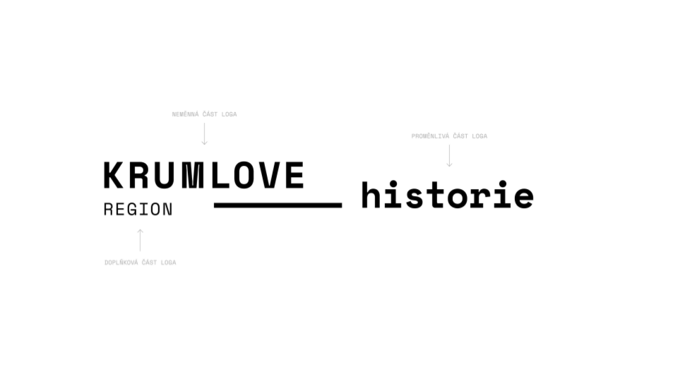 Diagram of a logo design with text 'KrumLove' on the left and 'historie' on the right, with labels in another language indicating different parts of the logo.