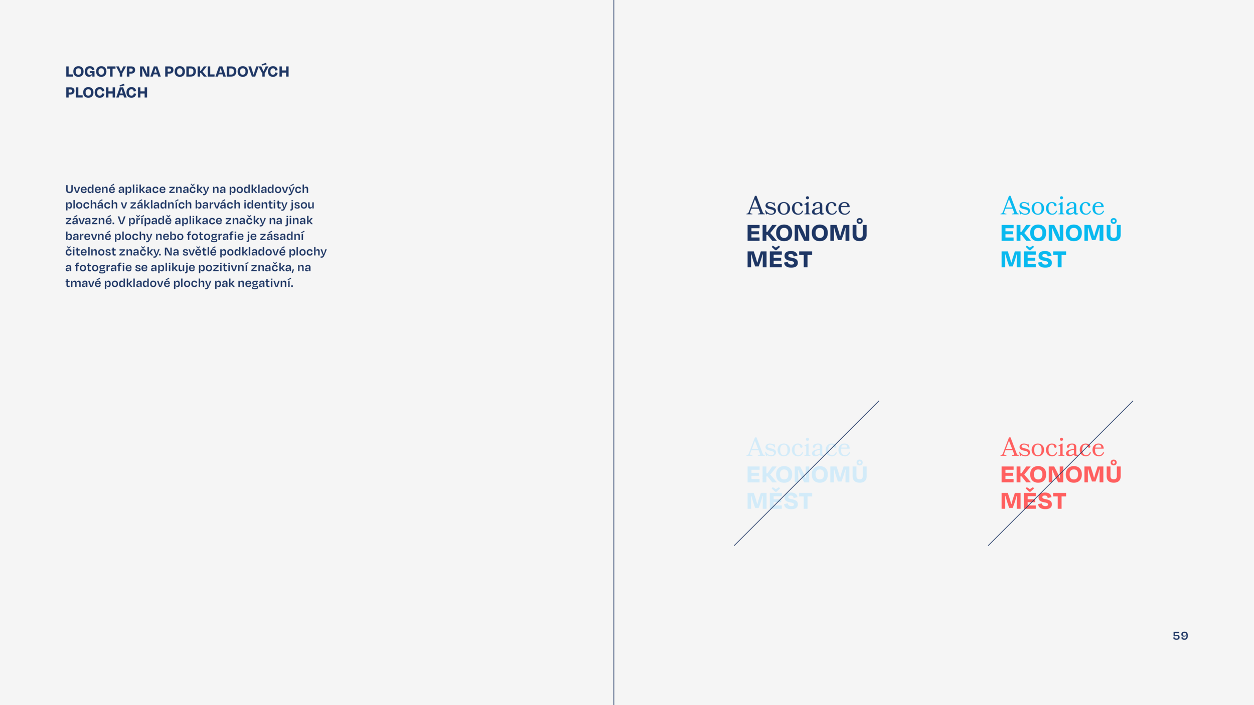 Page from a presentation or document showing different color applications of a logo on background surfaces, with guidelines and examples in Czech.