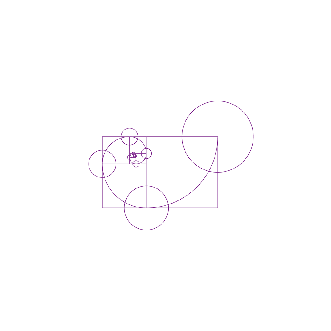 Abstract geometric design with overlapping purple circles and squares on a white background.