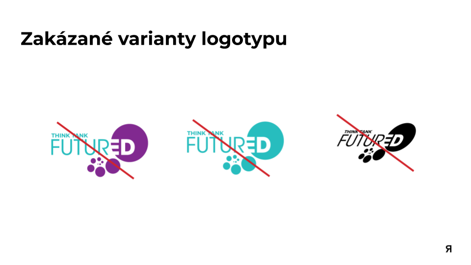 Three logo variants with a red line crossing out the words "Think Tank FUTURED" on each one, featuring different color schemes and circular design elements.