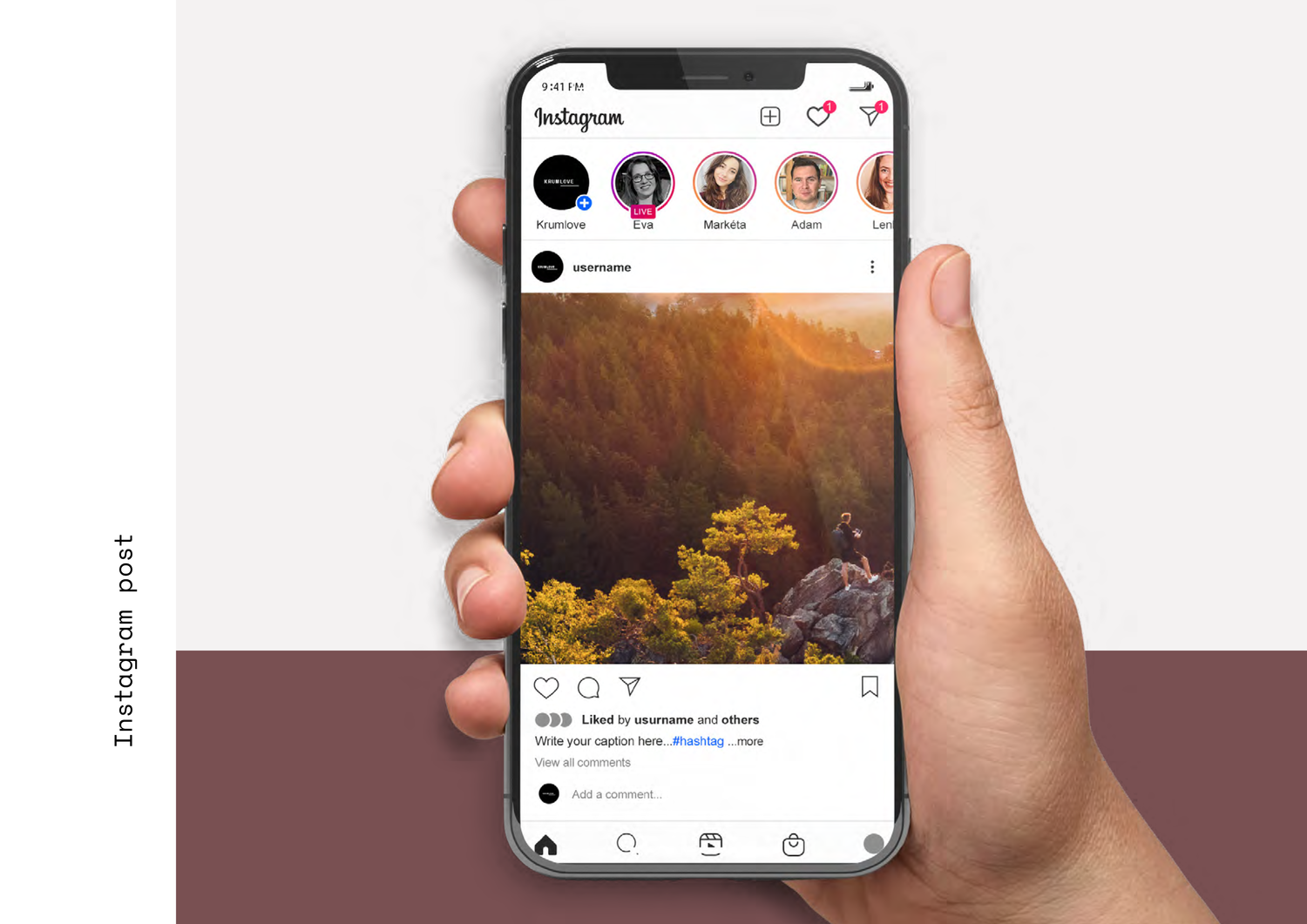 Smartphone displaying an Instagram post of a landscape with trees and rocks during sunset, held in a person's hand against a white and brown background.