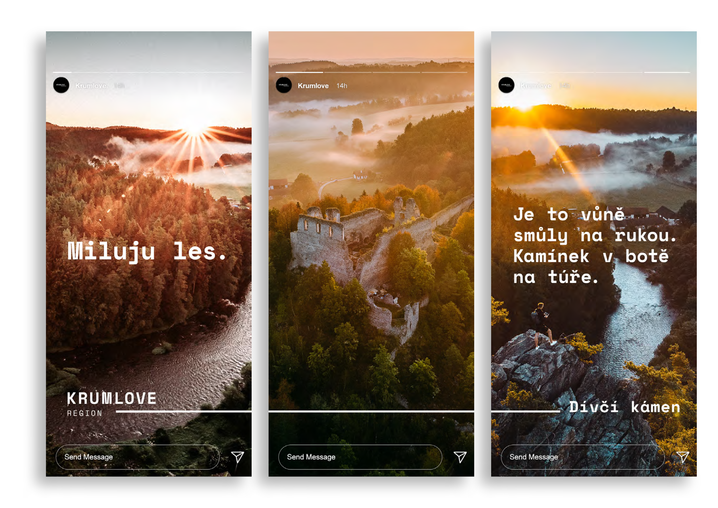 Three scenic landscape photos of a river valley with forested hills and ruins during sunrise or sunset, overlaid with Czech text quotes about nature.