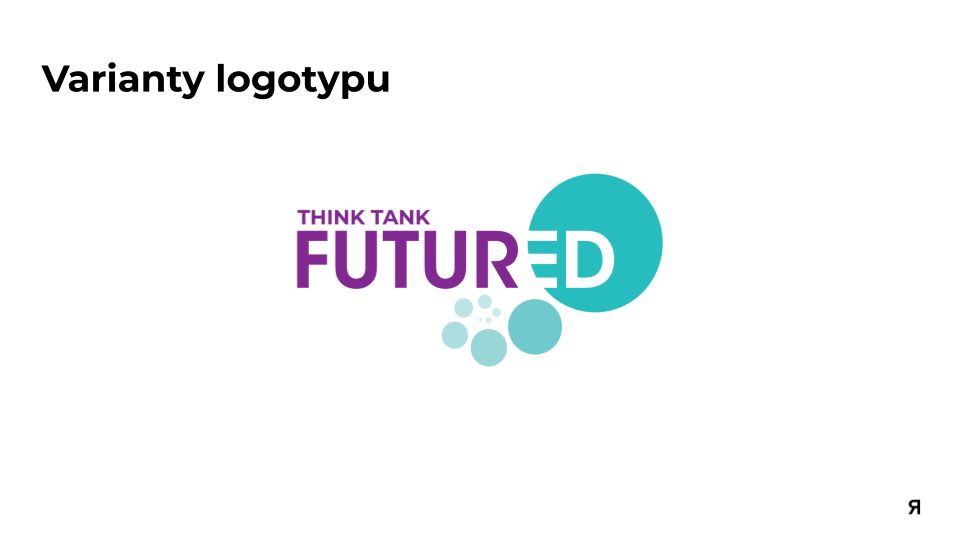 Logo with the text "Varianty logotypu" at the top left and a colorful design with the words "THINK TANK FUTURED" in purple and teal, with circular graphic elements.