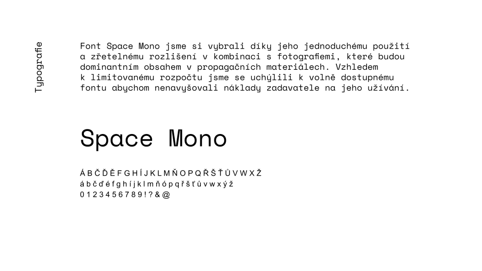 Sample text demonstrating the Space Mono font, with uppercase and lowercase letters, numbers, and symbols, alongside a paragraph describing the font in Czech.