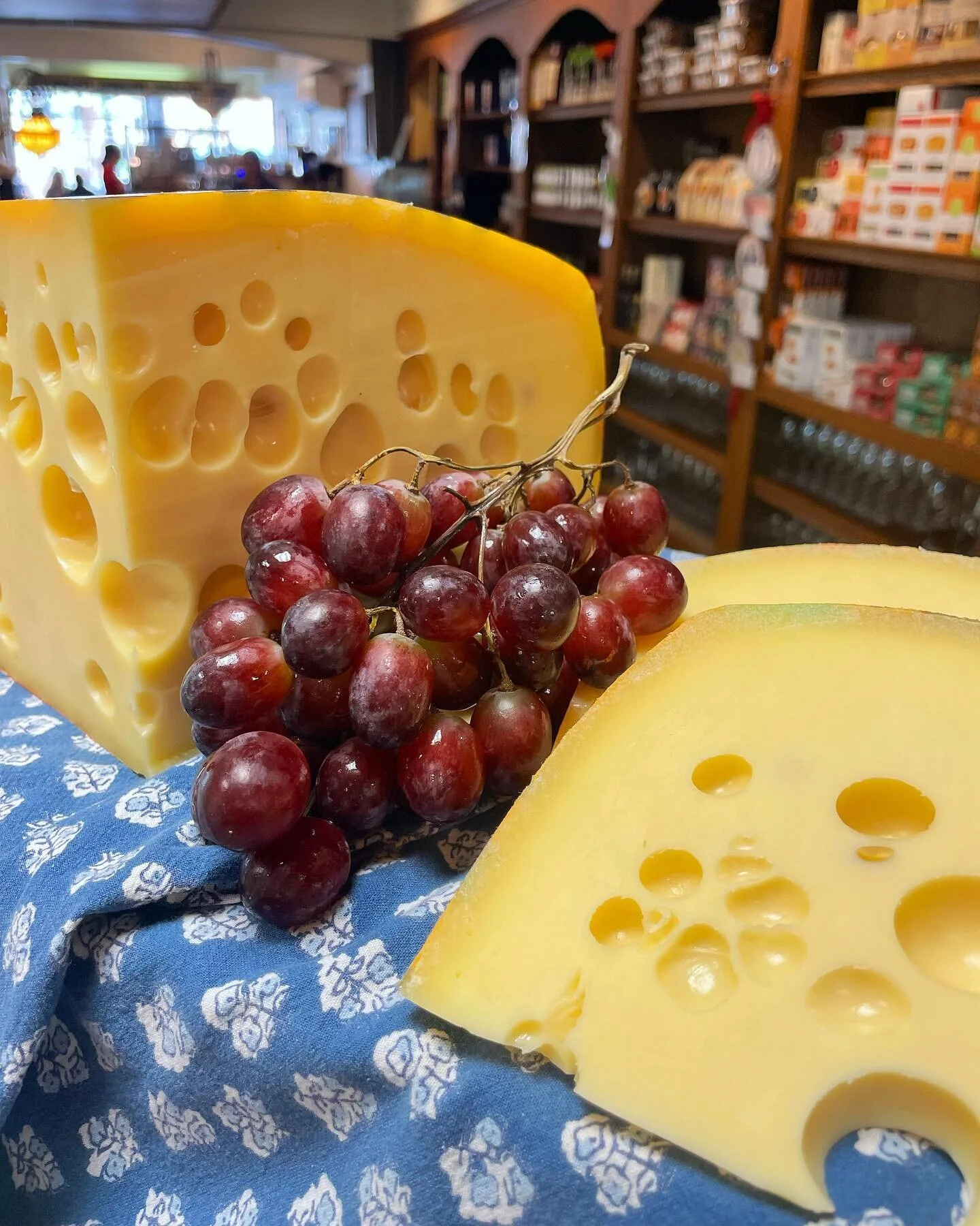 😱🧀Holy holes! We&rsquo;re cracking into this big, beautiful wheel of Jarlsberg today! A classic Swiss cheese that&rsquo;s just a little nutty! Have you SEEN a better lookin&rsquo; piece of cheese??