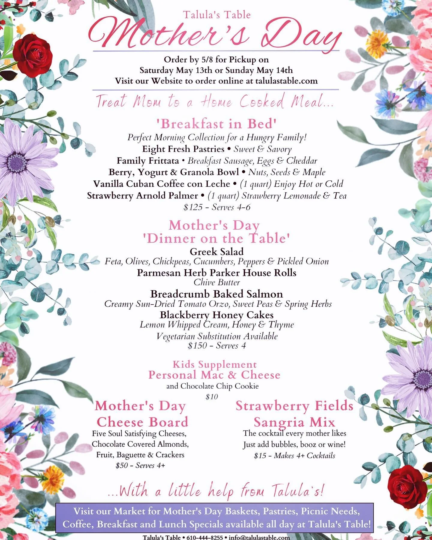 🌸Mother&rsquo;s Day Catering is now Available🌸 Treat Mom like the Queen she is!! Pamper her with Breakfast in Bed or with a &lsquo;home cooked&rsquo; Dinner - with just a little help from Talula&rsquo;s!😉
Remember to order online by Monday, May 8t