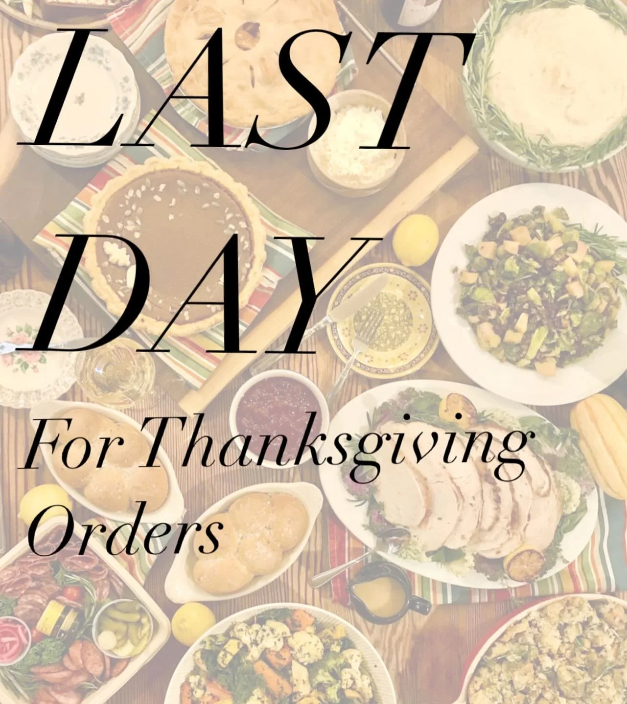 🍂LAST CALL!🍂

Place your orders by 6pm today to enjoy your Talula&rsquo;s Thanksgiving favorites! Buttery Brioche Stuffing, decadent Whipped Truffle Potatoes, our famous Kennett Sqaure Mushroom Soup and more! All available for pick up on Tuesday, N