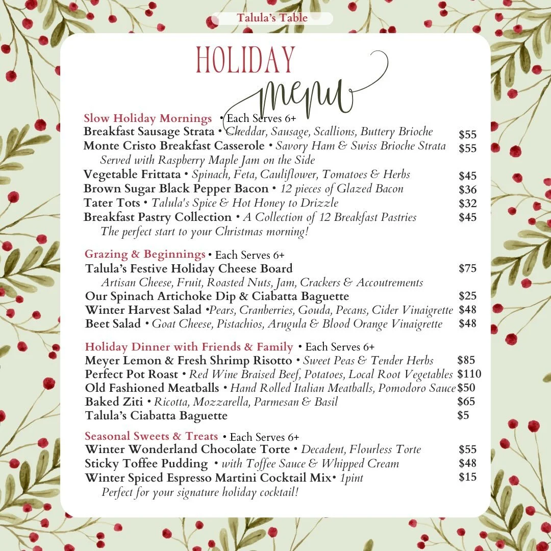 Our Holiday Catering Menu is here! 🎄✨ 

From cozy breakfast bites to gorgeous cheese boards, fresh salads, hearty entrees and festive desserts&mdash;we&rsquo;ve got your celebrations covered.

Pre-order for pick-up on Dec 23rd or 24th. Visit our web