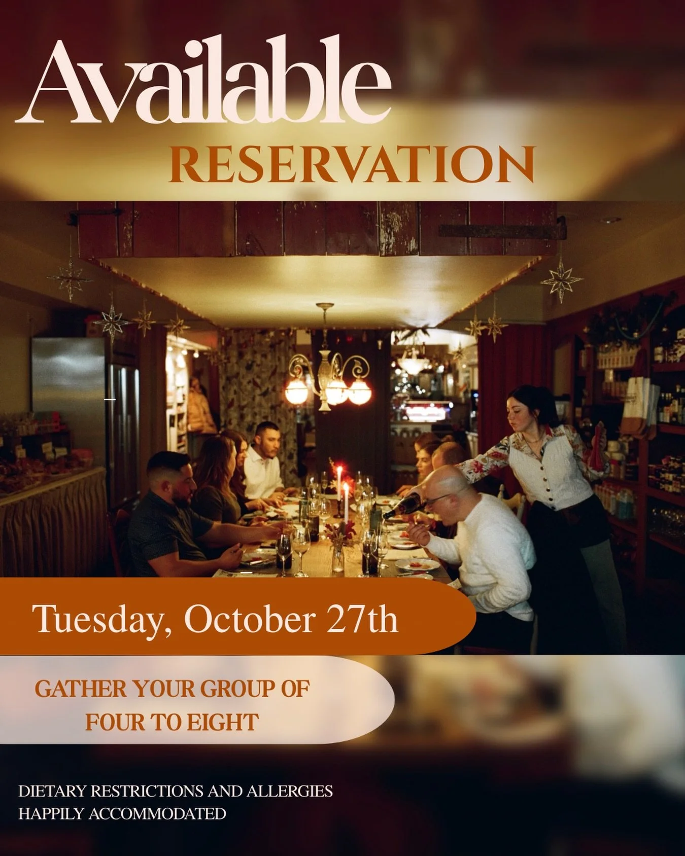 NOOK TABLE AVAILABLE : Tuesday October 27th 

Welcoming parties of four to eight. Book at the link in our story or visit our website talulastable.com 

We can&rsquo;t wait to serve you 🍽️
