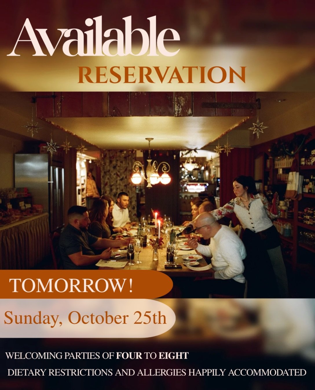 Tomorrow night! We&rsquo;d love to serve you at our nook table. 

Available for parties of four to eight. Book online or call us in the market at 610-444-8255.