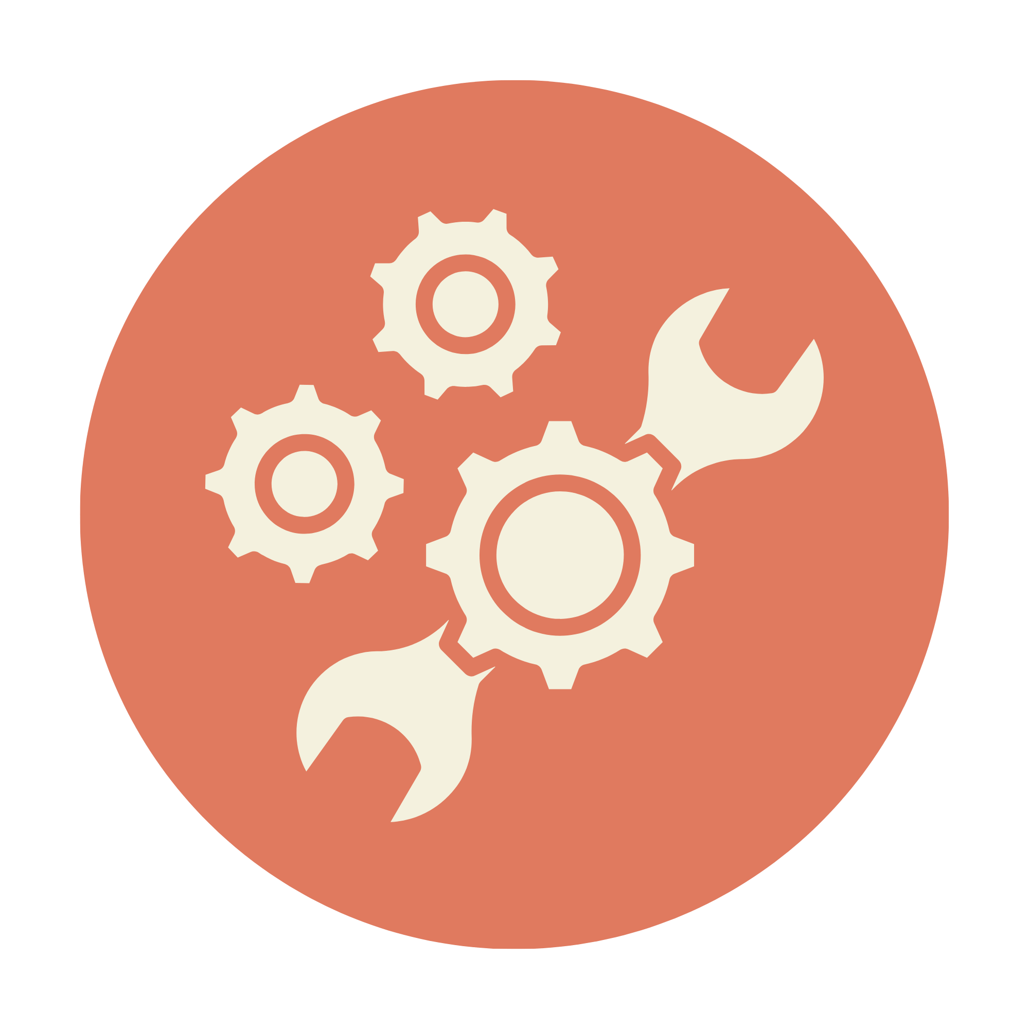 Illustration of gears and a wrench inside a circular background.