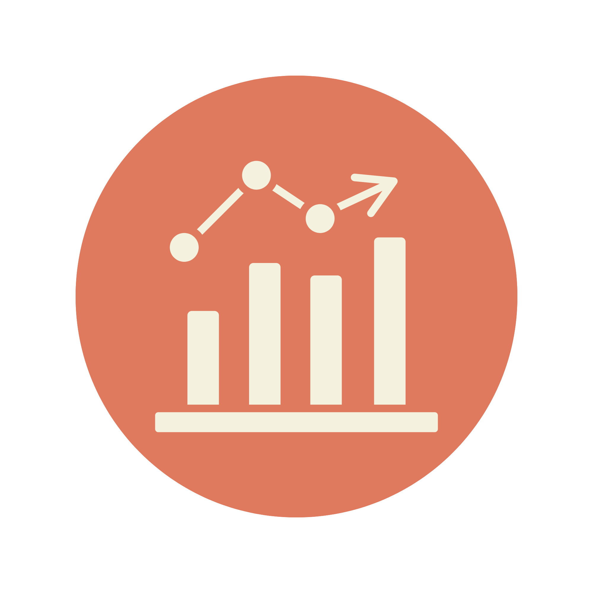 A circular icon with a bar chart and line graph inside, on a terracotta background.