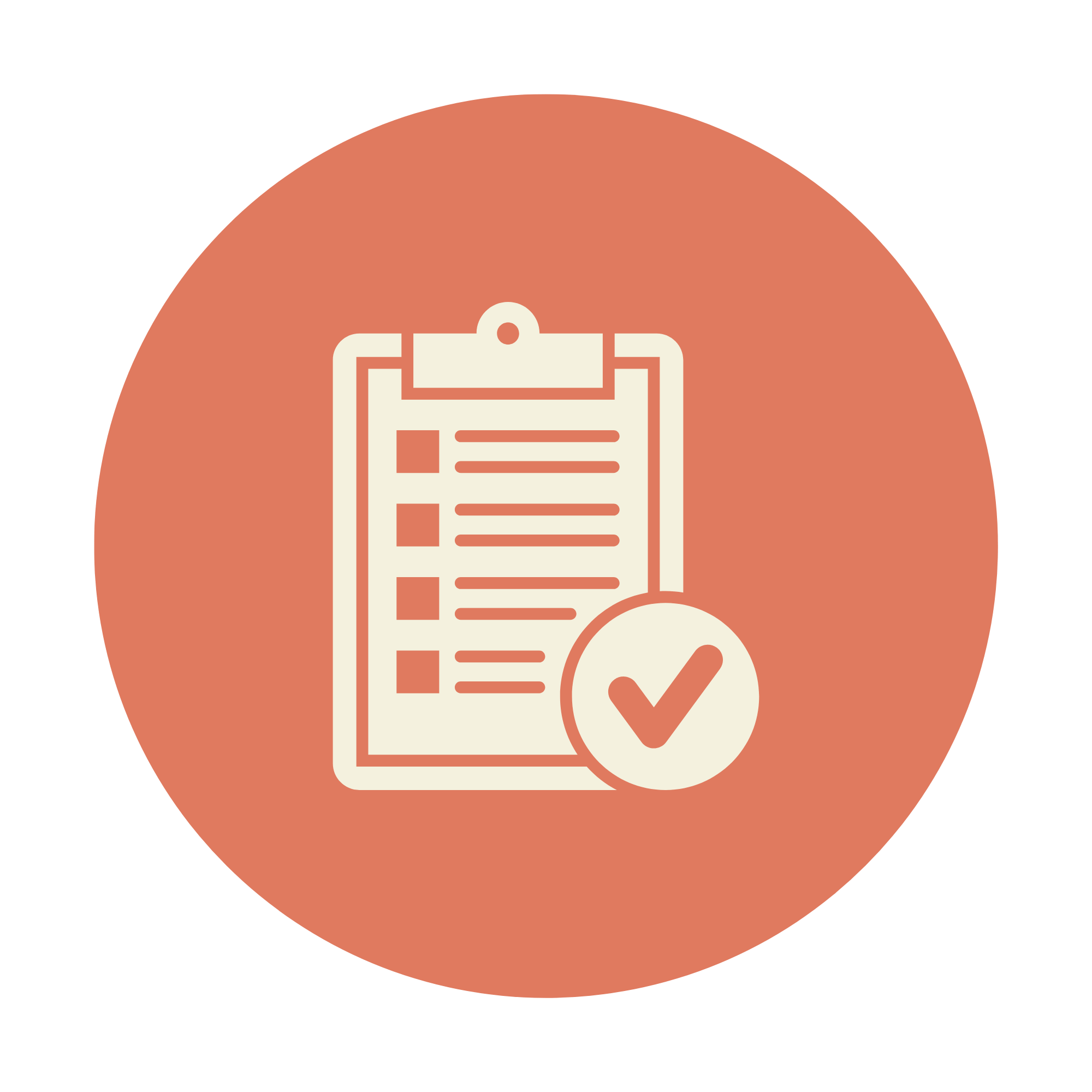 Icon of a clipboard with a checkmark, set against a circular orange background.