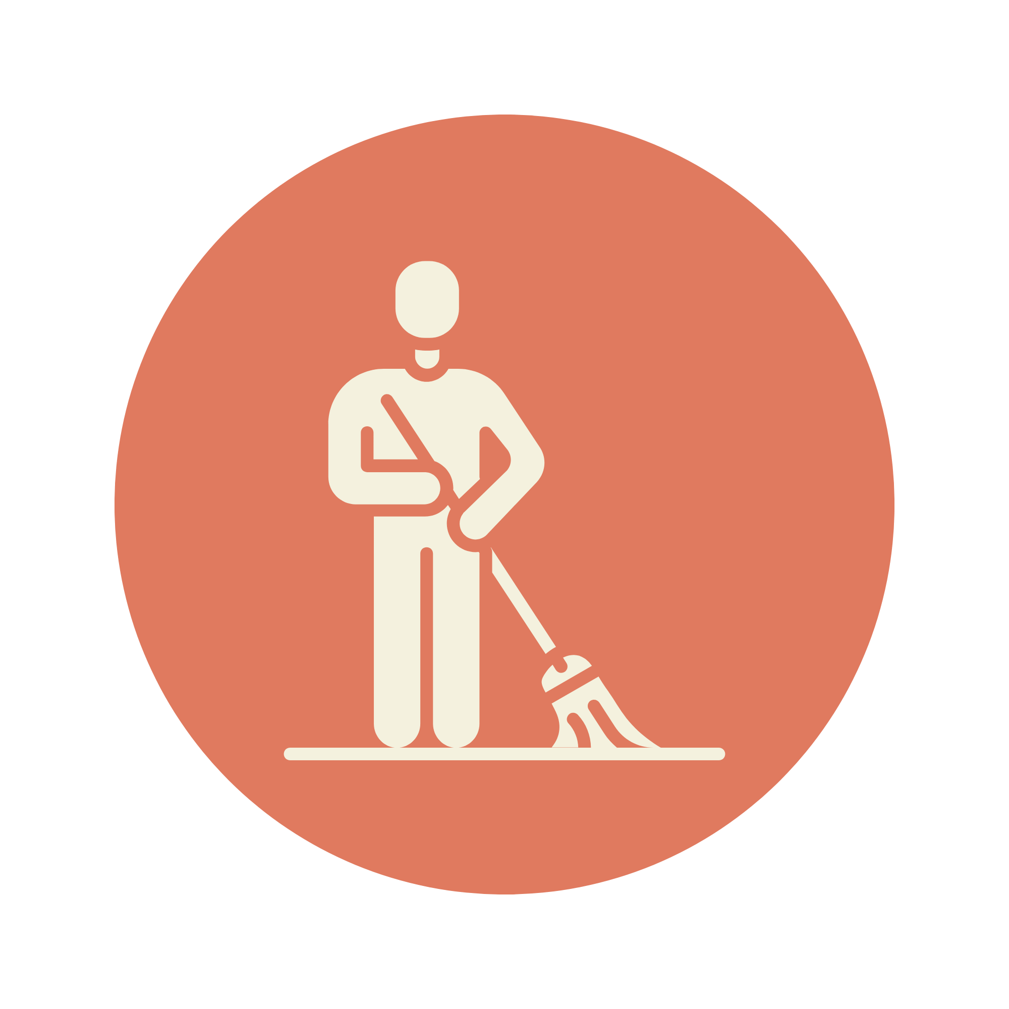 Icon of a person cleaning with a mop on a orange circular background.