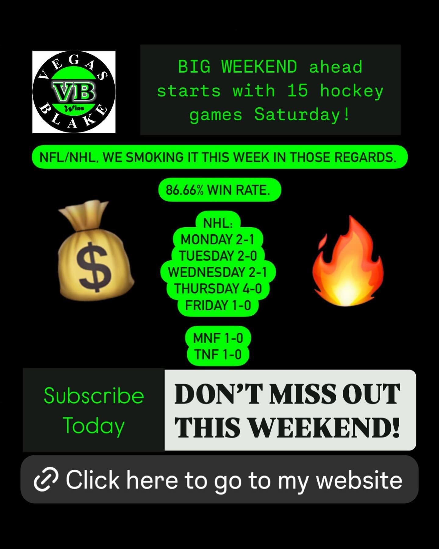 🔥🔥🔥VB IS EN FUEGO!  Sign up and jump aboard this money train as we are cashing checks all weekend!  Don&rsquo;t miss out!! DM or go to website for a package and LETS ROLL!  #nhlbets #nhl #nfl #sportsbetting #handicapper #winning #betting #bestbets
