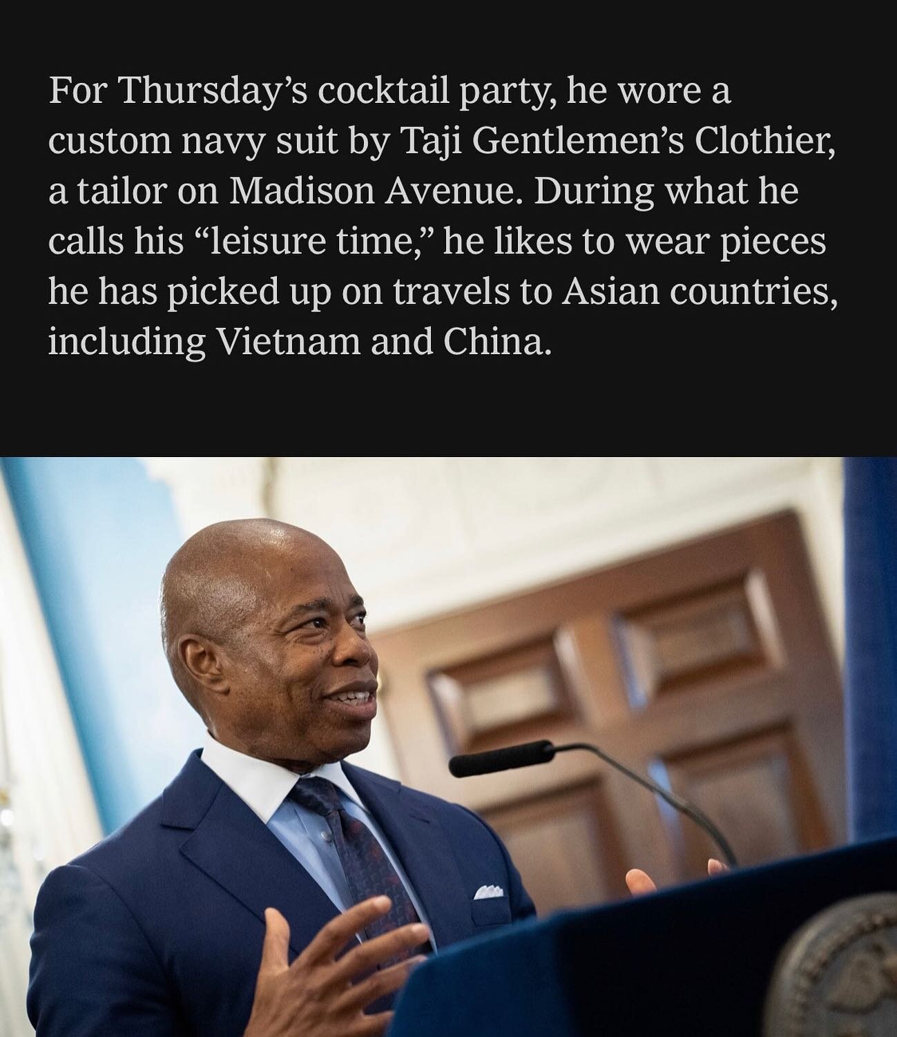 We loved today&rsquo;s article in the New York Times- Thanks for the shoutout, Mr. Mayor! 

Check out our stores to see the featured article @tajifashion @tajimadison 

#tajimadison #bespoketailoring #customsuits #nycfashion #nyccustomsuits #nycfashi