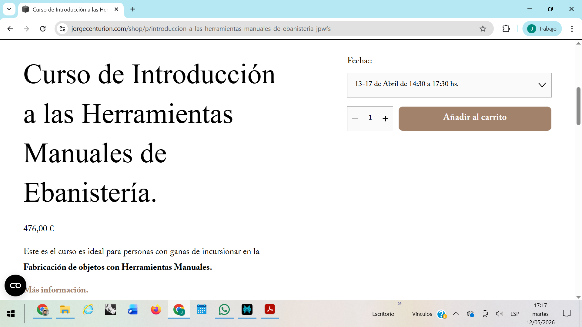 Página web que promociona un curso de introducción a las herramientas manuales de ebanistería, con detalles como fechas, precio y opción para añadir al carrito.