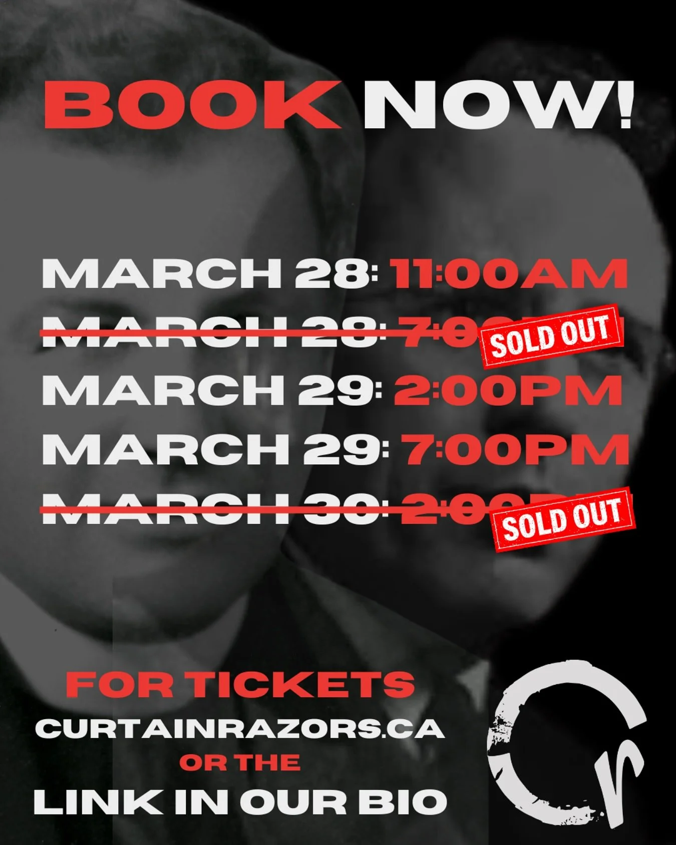Seats are filling up! Thank you to our community for supporting new Canadian Theatre! For tickets check out the link in our bio or curtainrazors.ca