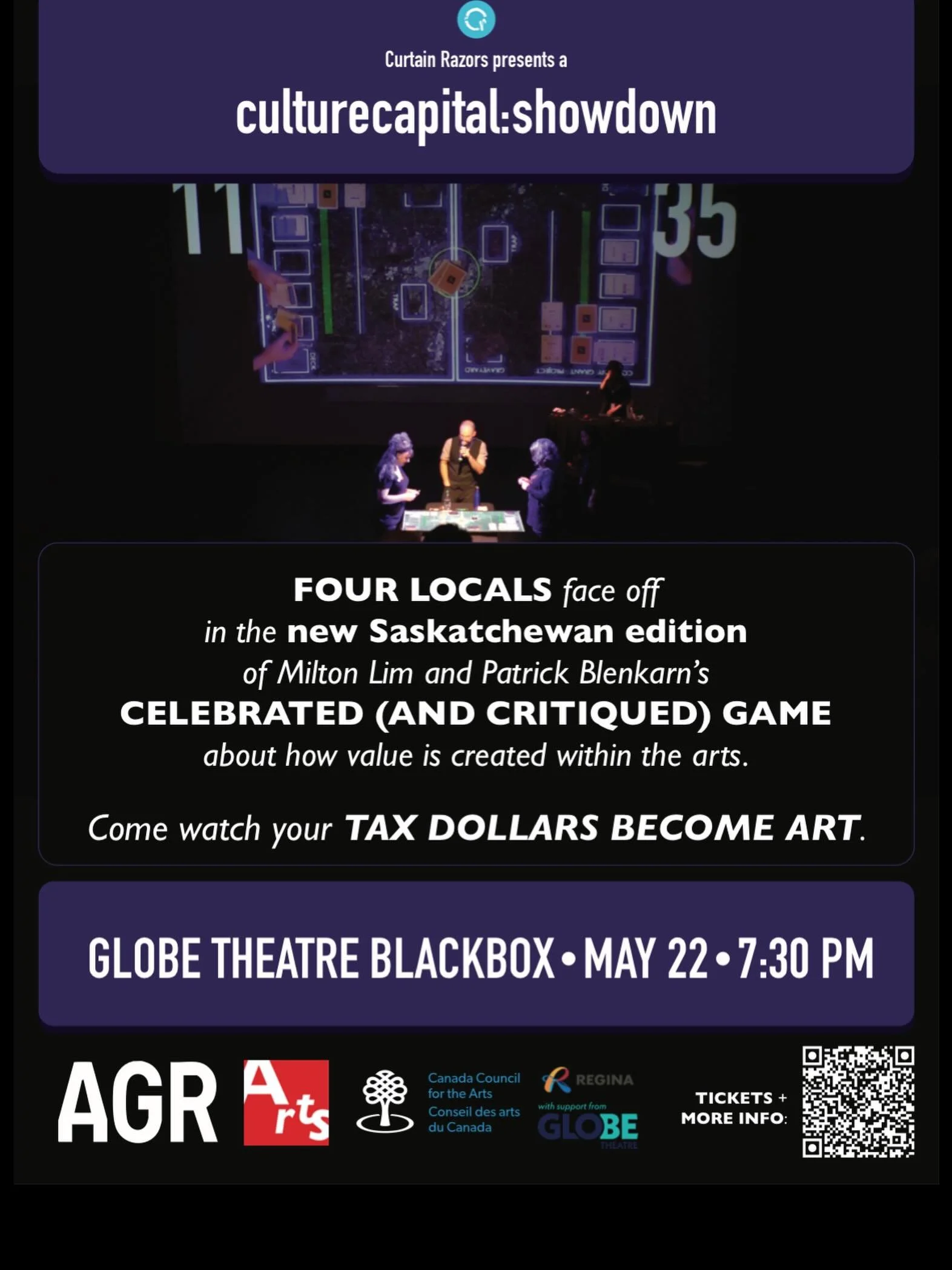 Join us for a live playing of the board game&nbsp;culturecapital, created by Milton Lim and Patrick Blenkarn. Players navigate the competitive terrain of grant applications, revealing the complexities of arts funding!&nbsp;

The Saskatchewan edition 