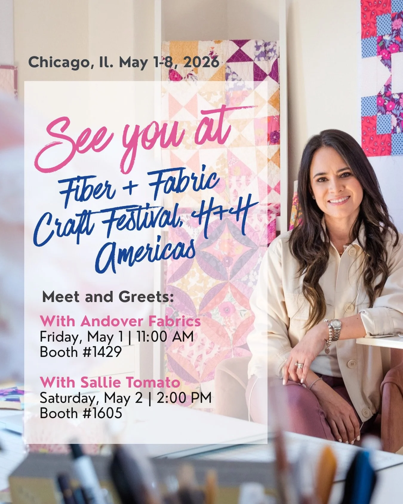 So excited to be heading to Chicago for the Fiber + Fabric Craft Festival and H+H!

It&rsquo;s my first time attending and I can&rsquo;t wait to experience it and see so many of you there!

Come say hi! 

✨ Meet &amp; Greets:
&bull; Friday May 1 | An
