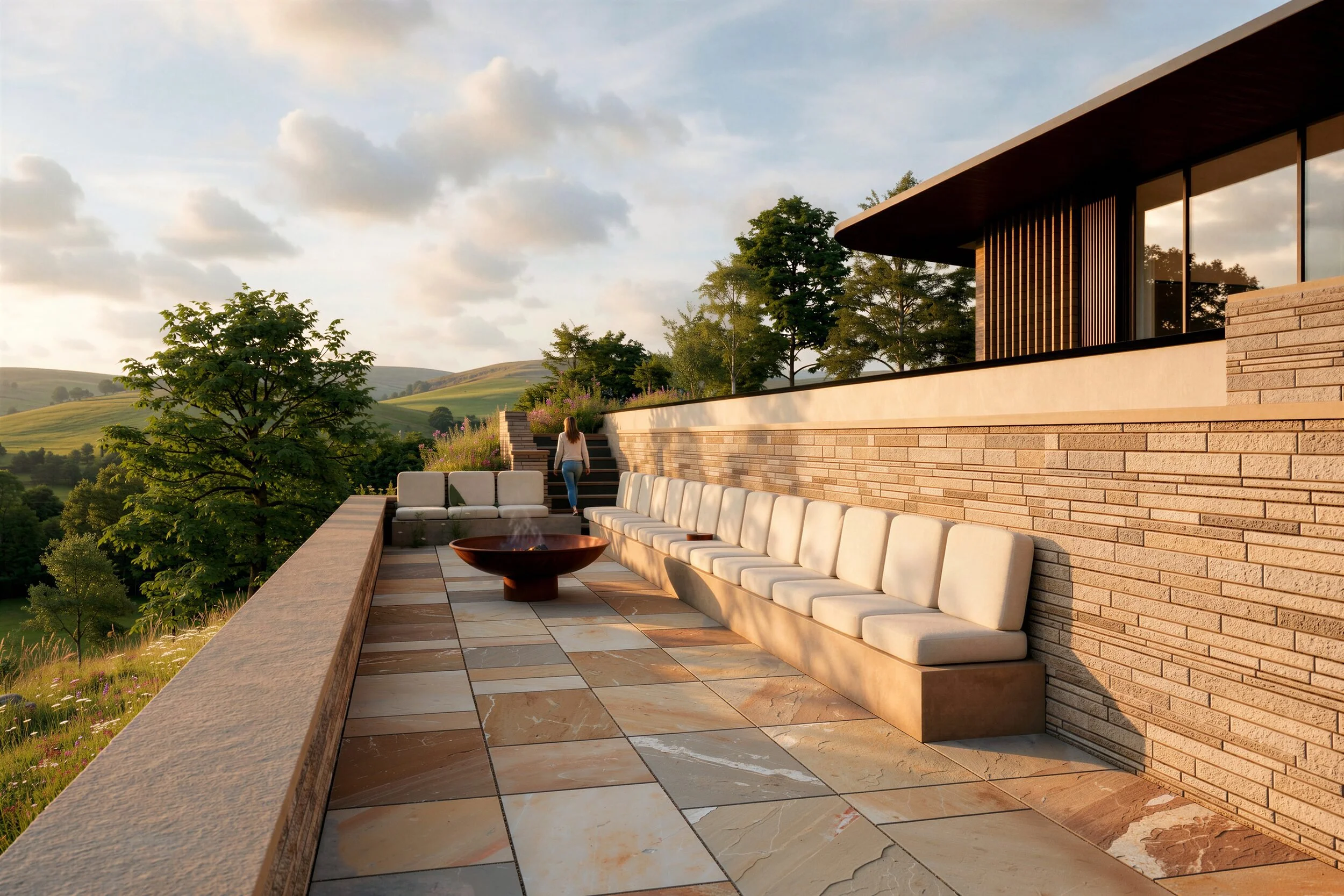 Lower terrace at Brow House with built-in stone seating and a fire pit looking out over the valley