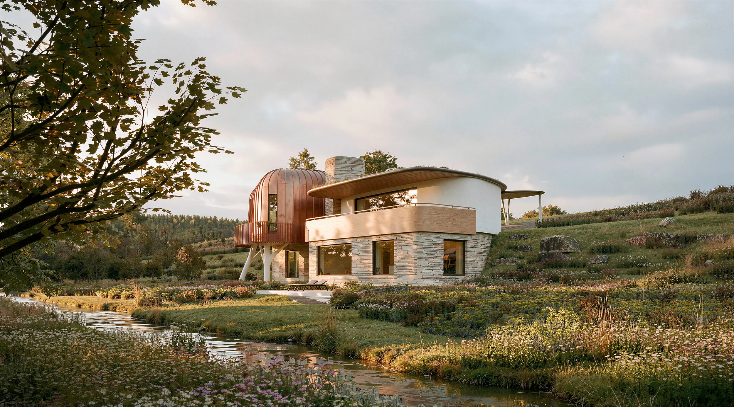 Architect-designed hillside residence in the Malvern Hills National Landscape at sunset, with a copper-clad curved upper vessel sitting above a stone-plinth ground floor, viewed across a wildflower meadow and stream. The Ridge by Markos Design Worksh