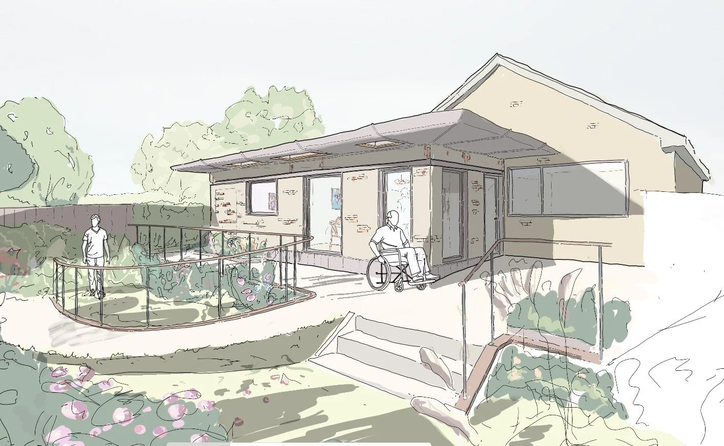 Rear home extension designed for accessible living with level access, ramp and improved internal layout for wheelchair use