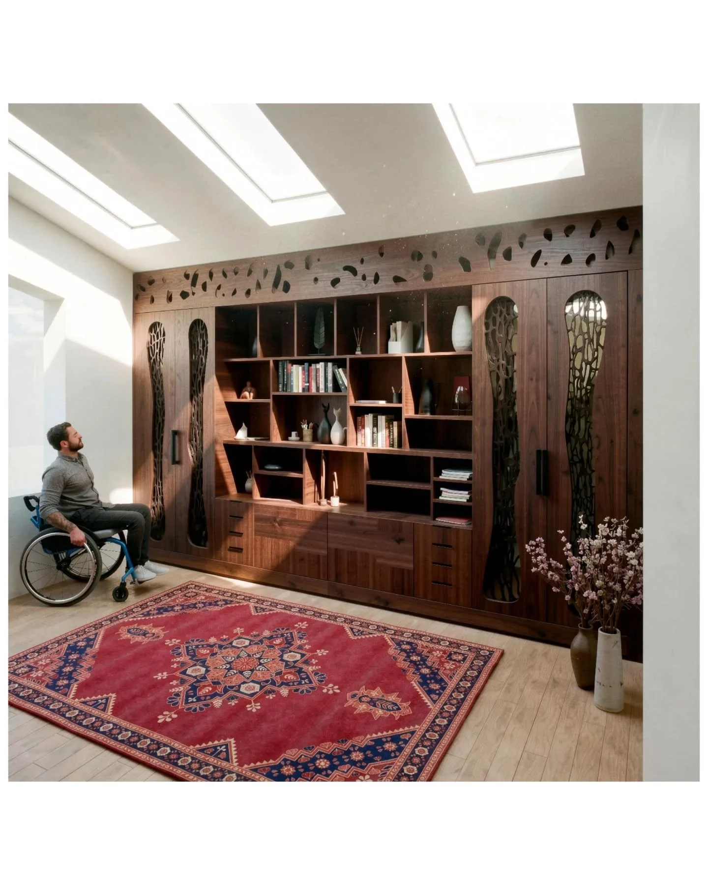 This has been quite a key project for us for a few reasons: 

Our client has Motor Neurons disease and is now, mostly homebound. The cabinetry, which was a key part of the home renovation, was CNC machined from a high quality veneered American walnut