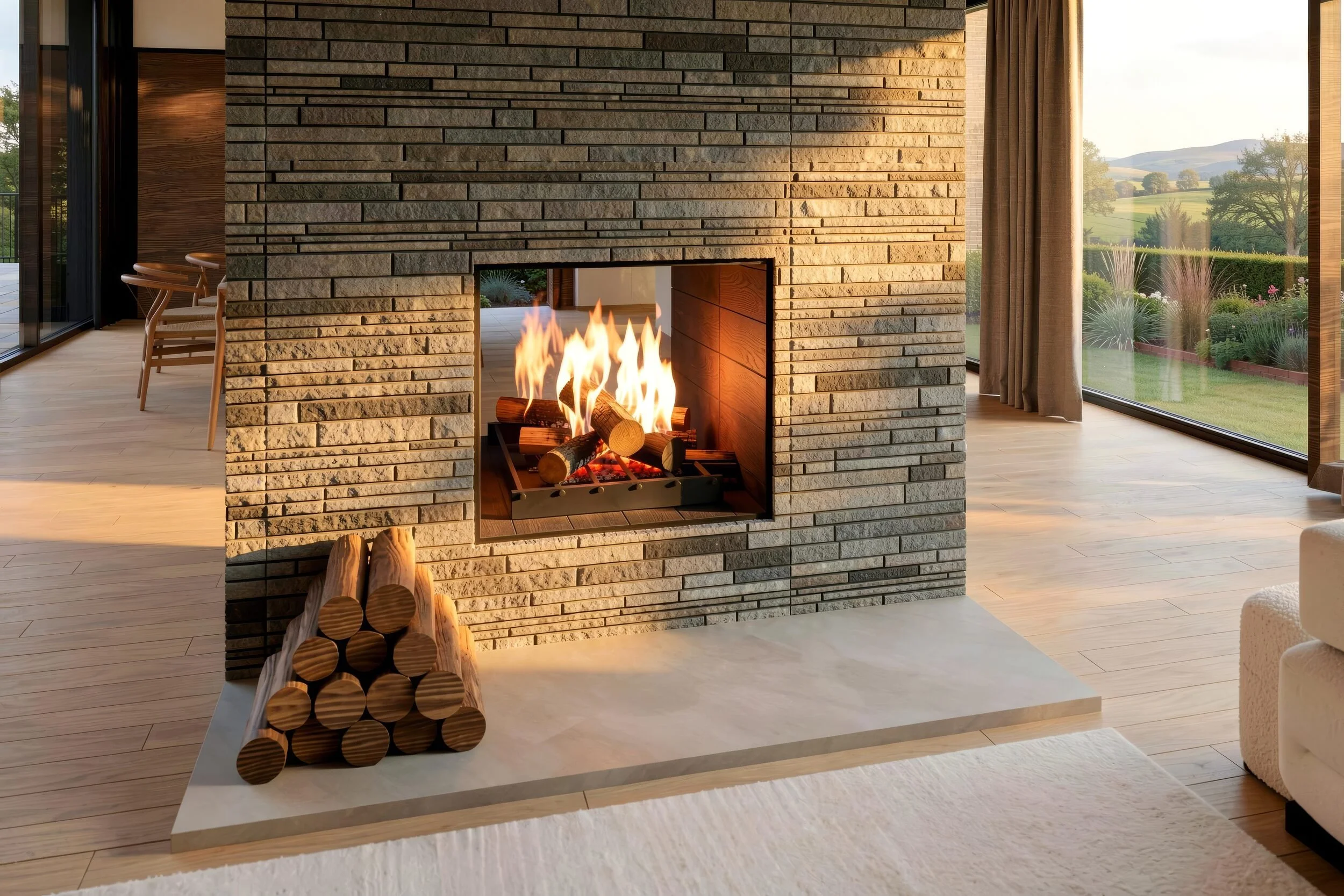 Double-sided stone fireplace dividing the living and dining spaces at Brow House