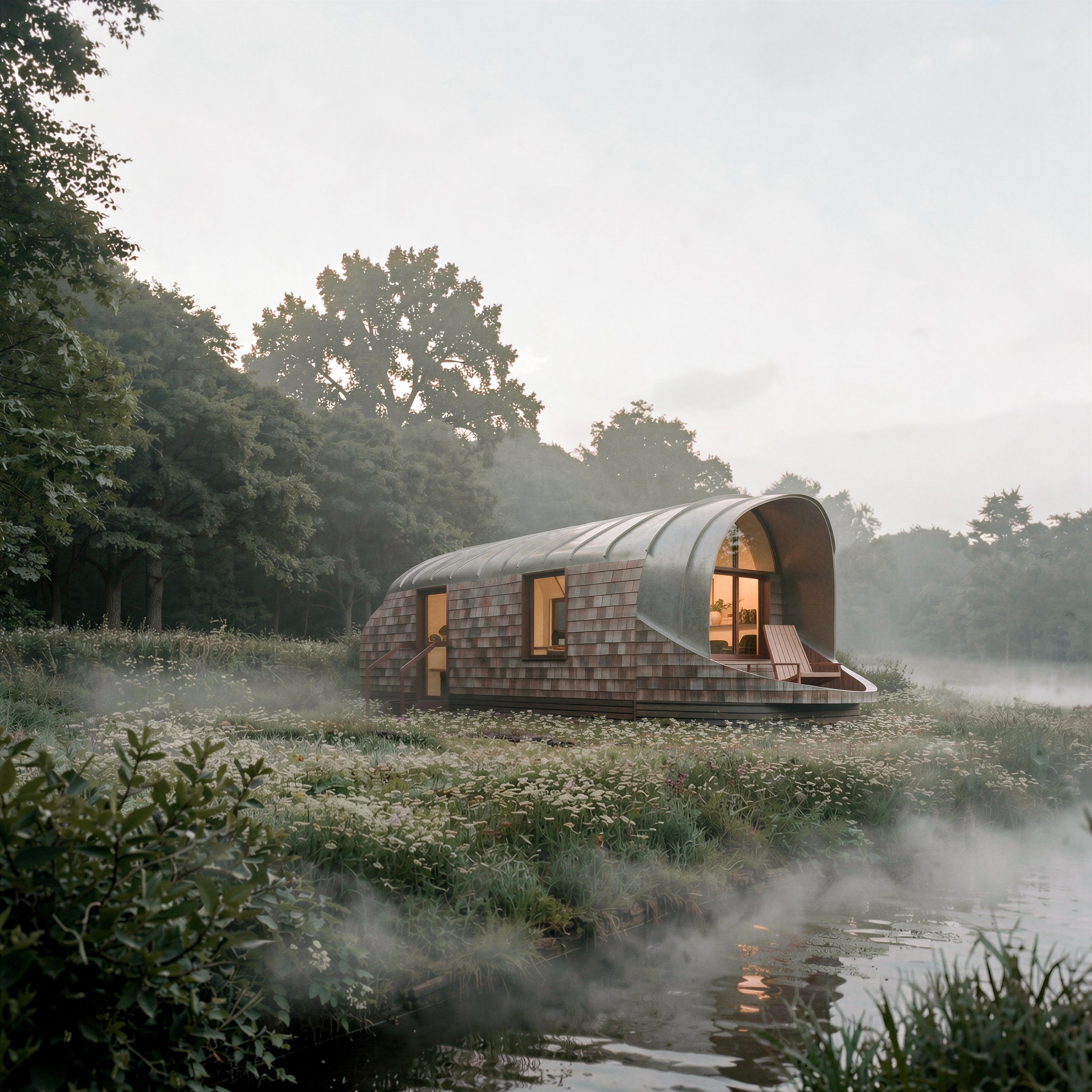 Monocoque Cabin II with lit windows beside a misty river at dawn