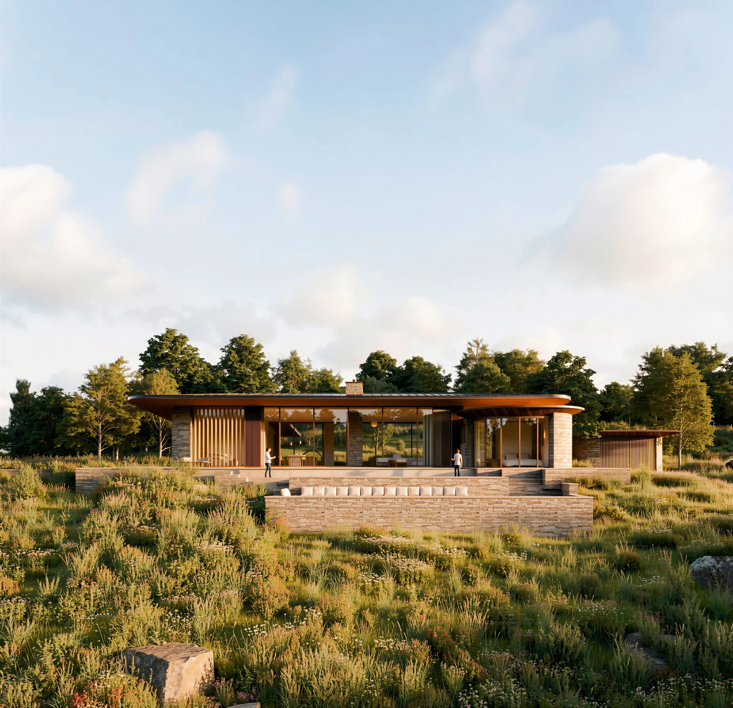 Main elevation of Brow House from the meadow: a long, low zinc roof over timber and stone, with the pool terrace in front