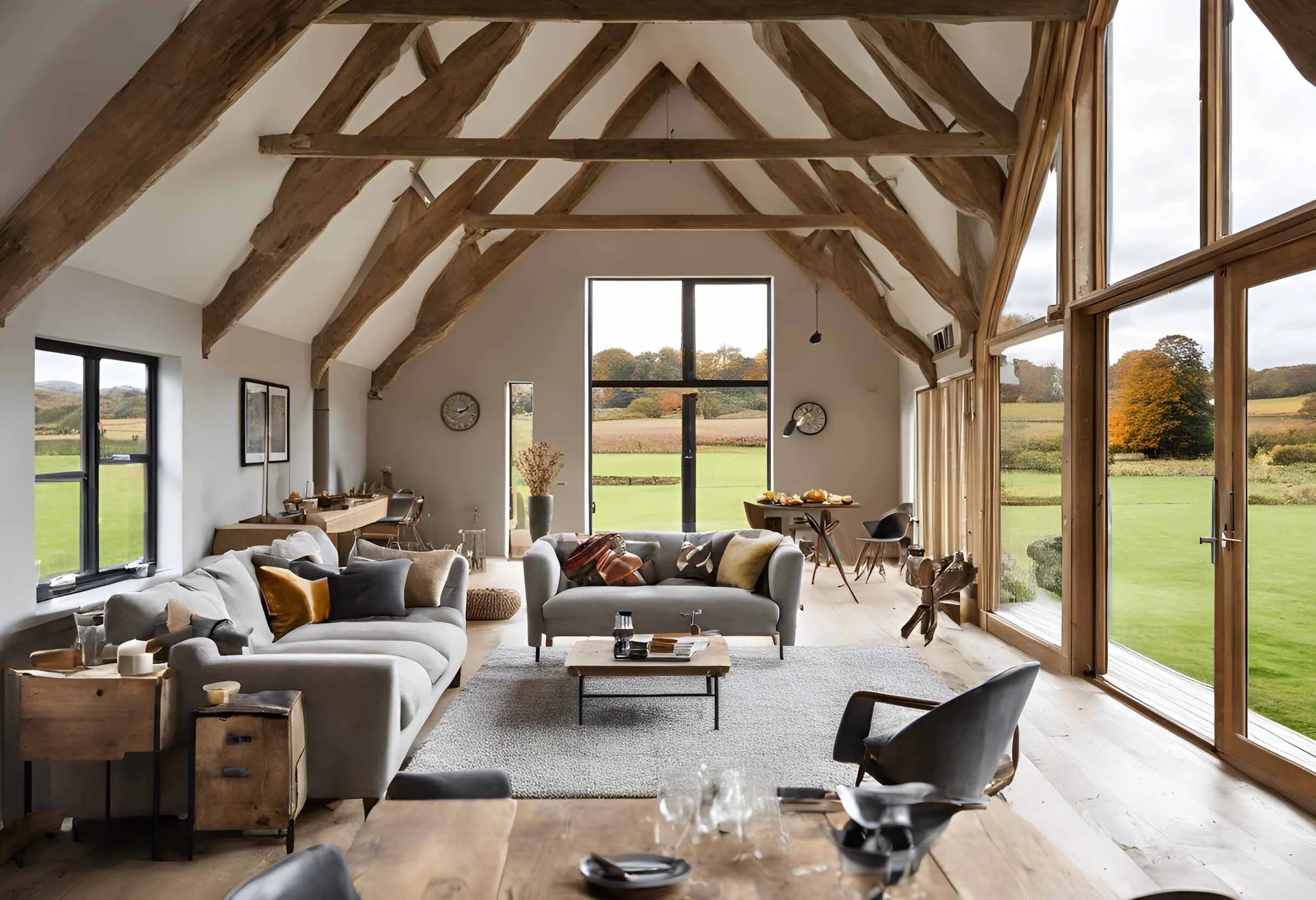 Interior of an HO11 luxury countryside home with exposed oak beams, open-plan living space, and landscape views across the Malvern Hills