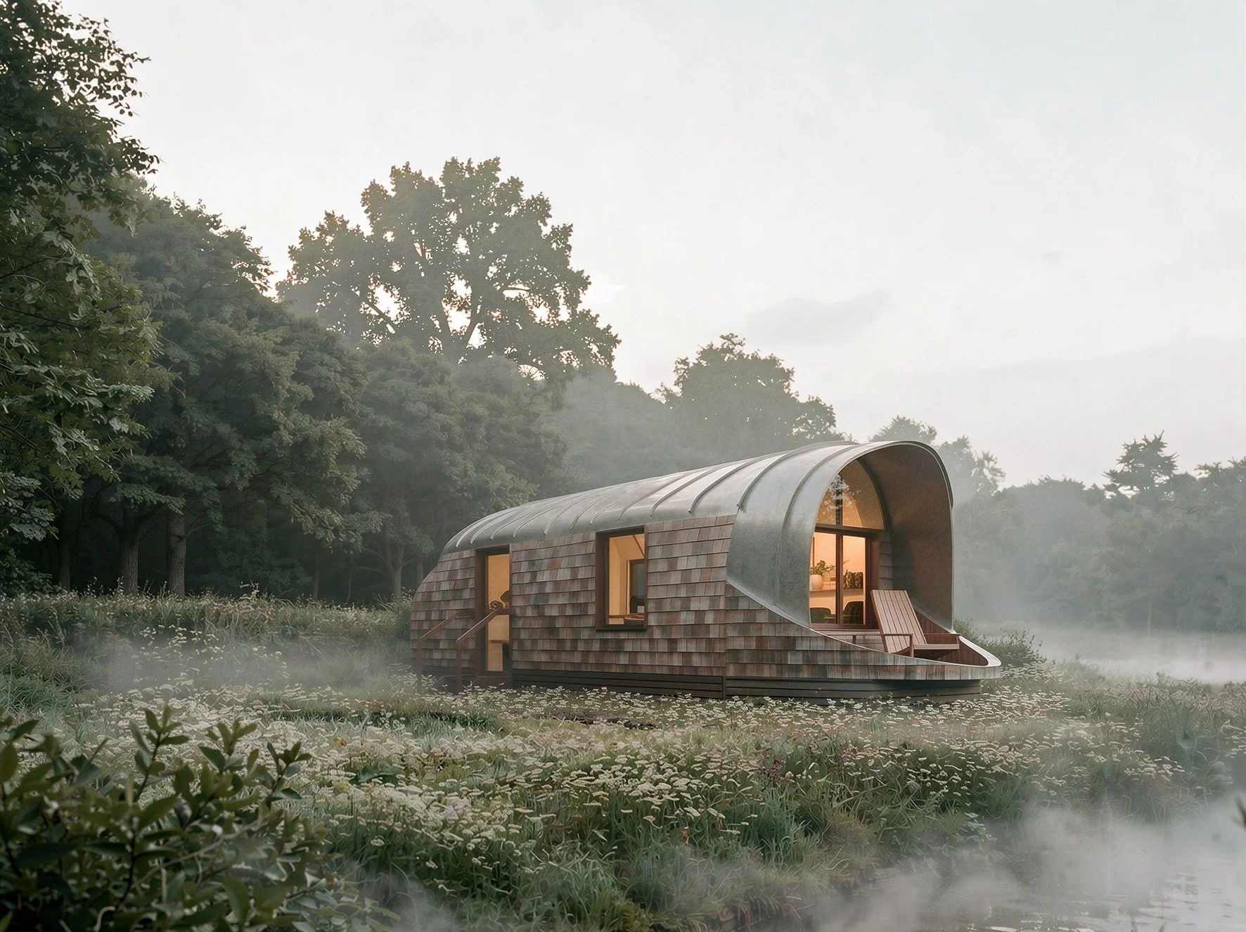 Architect-designed luxury holiday cabin, Herefordshire — monocoque timber structure with cedar shingles and zinc roof, sited in riverside wildflower meadow, Markos Design Workshop
