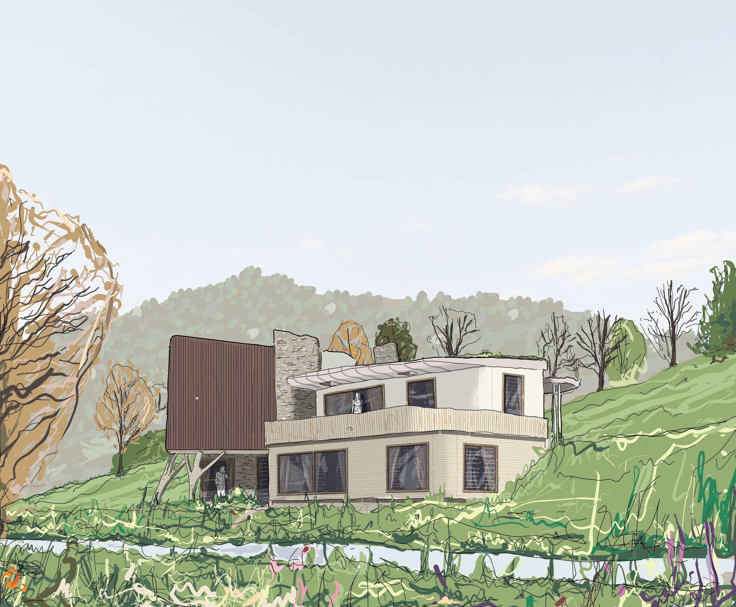 Hillside architect designed homestay in the Malvern Hills Worcestershire, the organic architecture is itegrated within the landsacpe