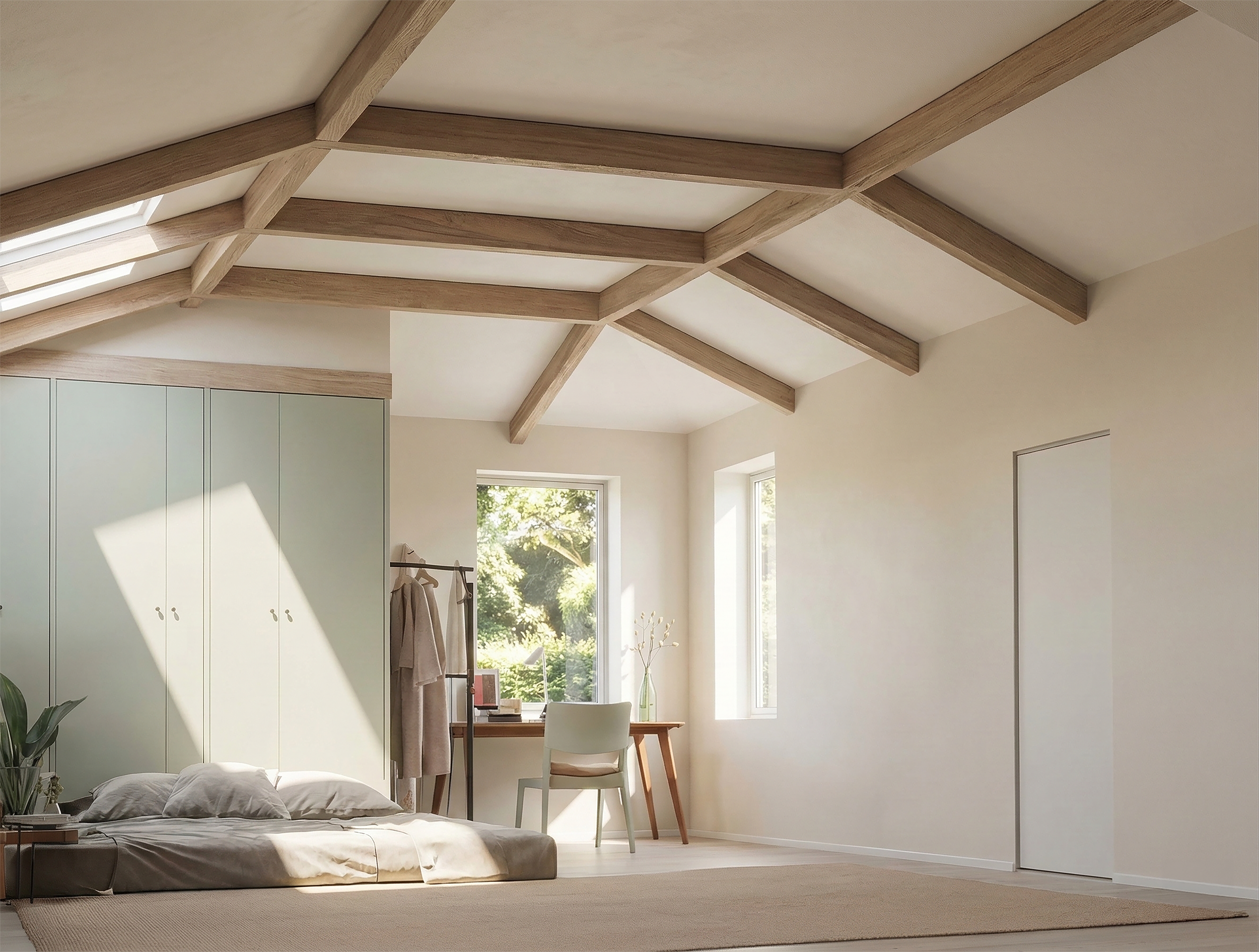 Interior of a contemporary house extension with exposed timber beams, vaulted ceiling and natural daylight, creating a calm minimalist living space.